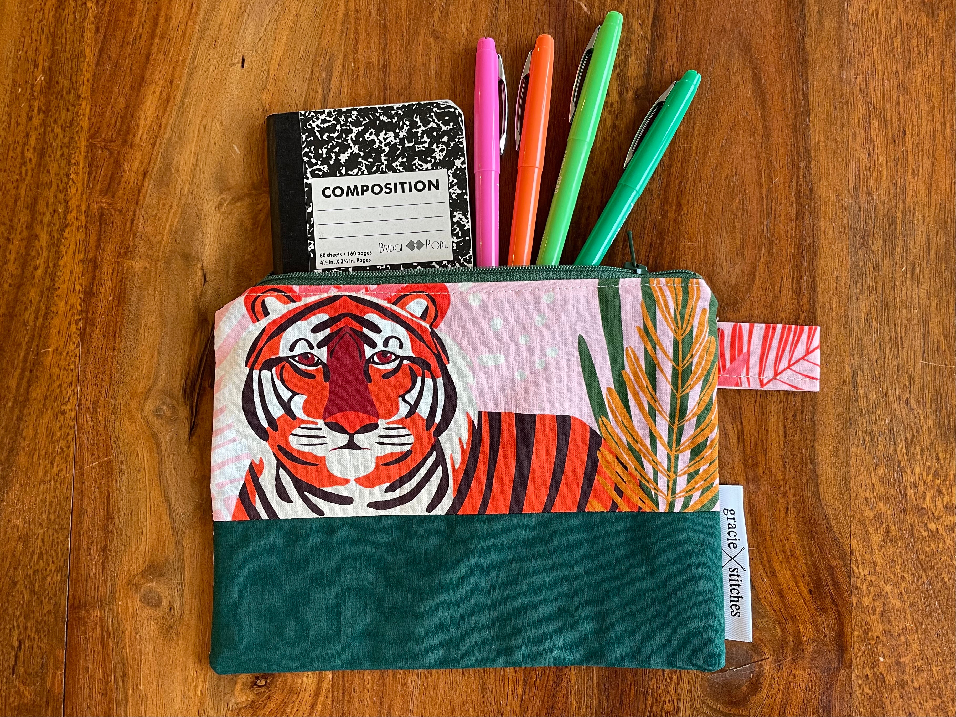 Zipper Pouch Large Pink Tiger with green